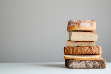 Selection of different types of bread stacked on a simple background in a minimalist setting
