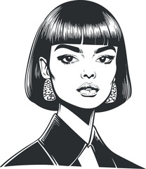 Black and white illustration of a confident woman with short hair and large earrings in a stylish outfit.