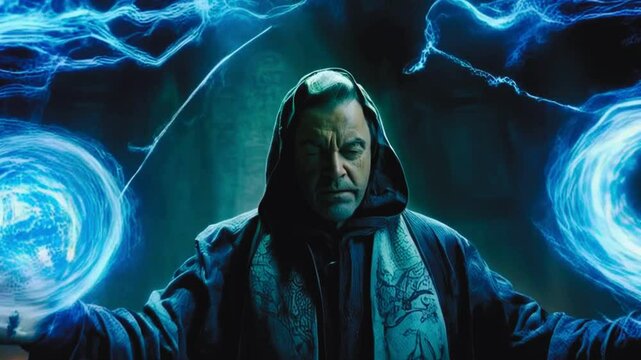 Powerful mage casting a glowing spell with arcane energy, mystical and intense, against a stormy fantasy backdrop