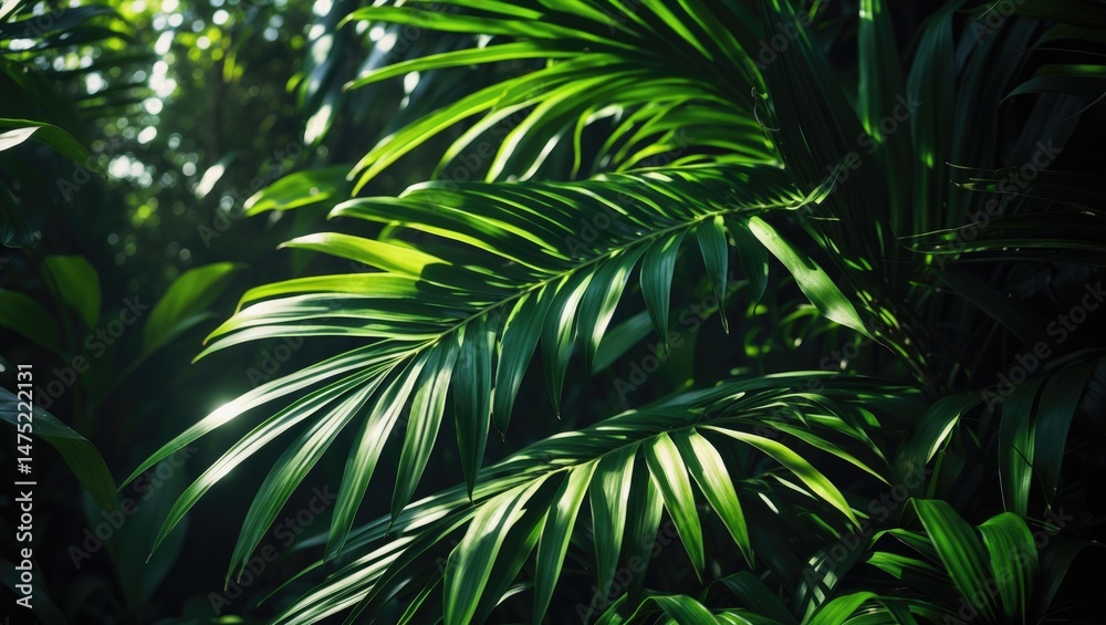 Poster zoomed-in image of a tropical palm leaf featuring shadows, showcasing an exotic abstract natural gre