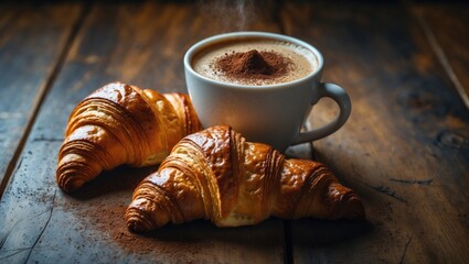 Cup of cappuccino paired with croissants on a wooden tabletop