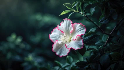 Fototapete Rund Pink-edged white Hybrid Azalea flower displayed on lower left with dark green bokeh of branches and leaves in the background © Giovanni