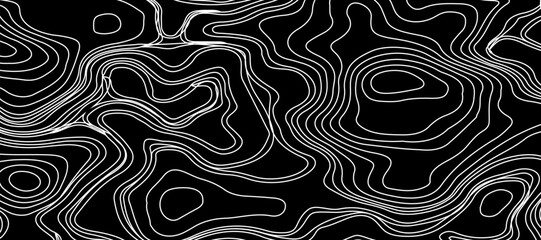 Minimalist topographic map design featuring black contour lines on a matte black background, subtle lighting and shadow effects to highlight elevation changes, abstract and modern aesthetic.