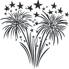 Black and white illustration of fireworks bursting with stars for celebration and festive events