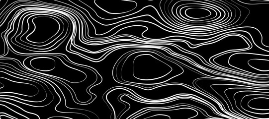 Fototapeta premium Minimalist topographic map design featuring black contour lines on a matte black background, subtle lighting and shadow effects to highlight elevation changes, abstract and modern aesthetic.