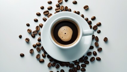 Obraz premium Background with a coffee cup and scattered coffee beans.