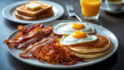 Hearty American Breakfast Plate with Bacon, Hash Browns, Eggs, and Pancakes