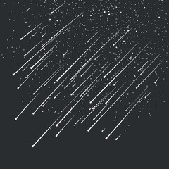 White meteor shower streaks falling against a dark night sky filled with stars and cosmic dust