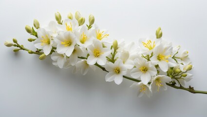 Jasmine flower branches on plain white backdrop
