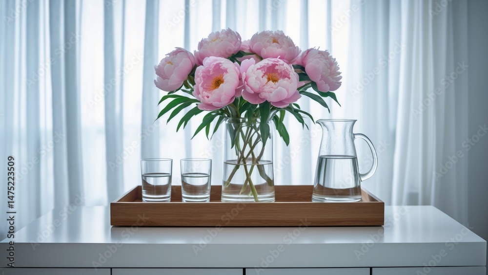 Poster arrangement of peonies in a vase and tray with jug and glasses of water on console table, space for 