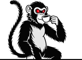 Red-Eyed Monkey Holding Coffee Cup in Playful Vector Style