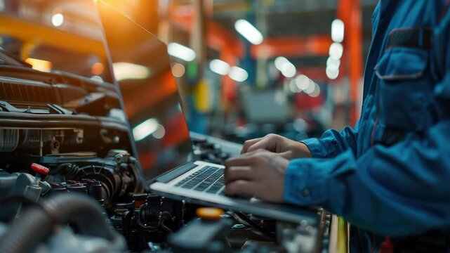 Man pets laptops, highlighting diagnostic tools for evaluating vehicle equipment, monitoring production processes, detecting software errors, material defects, and improving energy efficiency.