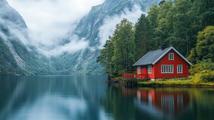 Fototapeta premium Cozy red cabin sits beside tranquil water, misty mountains behind it