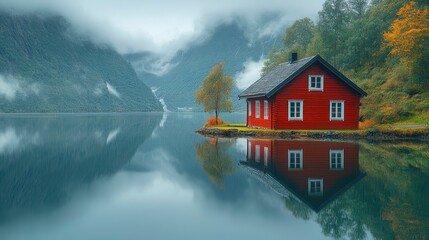 Fototapeta premium Idyllic waterside cabin reflecting