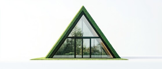 A-frame house with green roof and large windows.
