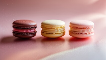 Fototapeta premium Three soft-colored macaroons on a pink background, lively cookie pattern. Horizontal banner with room for text.