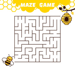 Square maze game with a playful bee theme, a hanging beehive, simple for pre-school young players