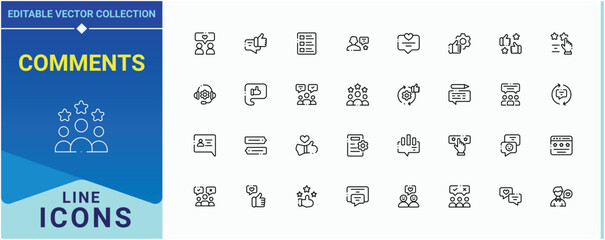 Comments icon pack. Contain linear symbols comment, emotion, experience, review, testimonial, satisfaction and more. Feedback icon set. Minimalist icons collection. Vector illustration.