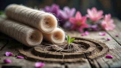 Structure of flower root layout. Floriculture. Flower seedlings with roots cultivated in a circular style, ready for planting on a wooden platform.