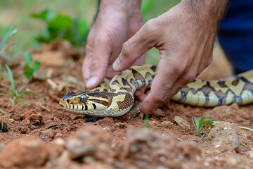 Fototapeta premium Close-up of a python being gently handled on natural ground