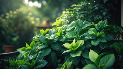 Green raspberry bush flourishing on our balcony during summer