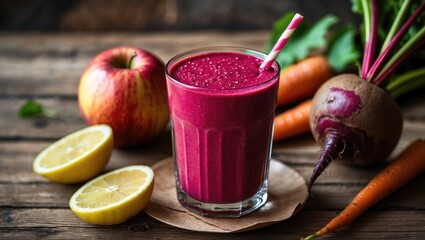Organic beetroot, carrot, apple, and lemon juice smoothie for health and detox in a glass on table, horizontal