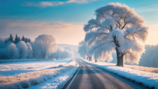 Serene snow-covered landscape showing a frost-dusted rural road with trees under a bright blue sky in winter.