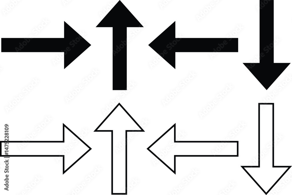 Poster set of black arrow direction symbol. stroke outline black arrow direction symbol vector illustration