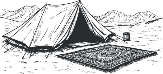 Fototapeta premium Black and white sketch of a camping tent set up in a mountainous desert area with a decorative rug in front