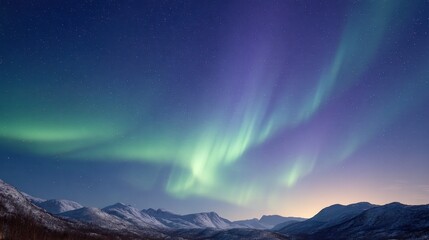 Vibrant green and purple aurora dancing over snowy peaks, a celestial spectacle of nature's magic.