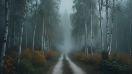 Fototapeta premium Colorful woodland trail amidst pine, oak, and maple trees during fall, perfect for nature tourism and outdoor recreation