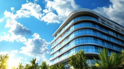 Obraz premium Contemporary building exterior with blue sky and clouds