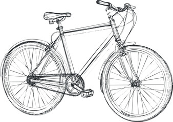 Detailed black and white line drawing of a bicycle showing frame, wheels, pedals, and handlebars on white background