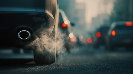 A stunning image of closeup car exhaust pipe with visible CO2 smoke billowing out. Carbon emissions and global warming. Environmental problem with diesel and fossil fuels burning.