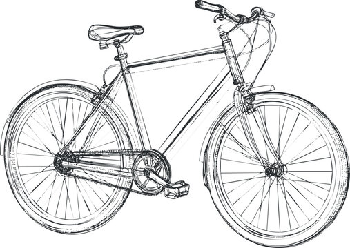 Fototapeta Detailed black and white line drawing of a bicycle showing frame, wheels, pedals, and handlebars on white background