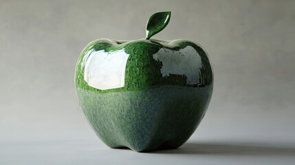 Green ceramic apple with speckled glaze, reflective surface, and single leaf.