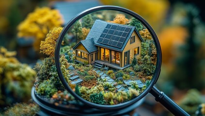 Small house with solar roof in magnifying glass
