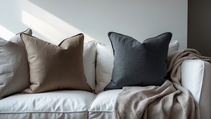 Living room decor featuring modern brown and gray fabric pillows on a white cloth sofa