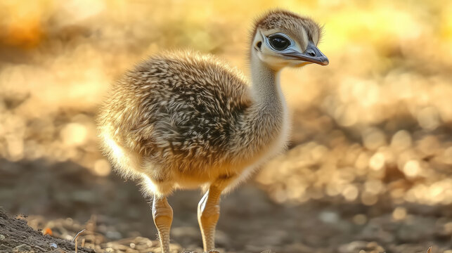 Cute baby ostrich chick standing alert on dry ground in the warm golden sunlight of the savanna.