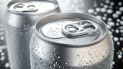 Close-up of two cold, condensation-covered aluminum beverage cans. (4)