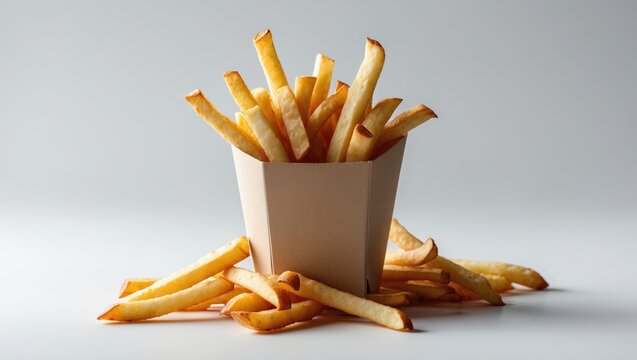 French fries served in a box on a plain white background