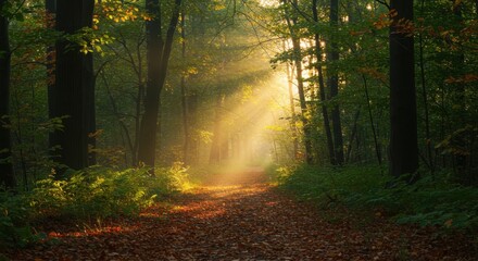 Sunlight through trees in a forest path covered with leaves for backgrounds, nature photography, and scenic views