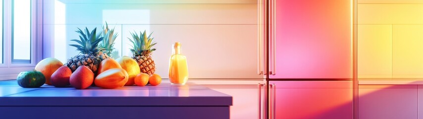 Colorful kitchen counter with fresh tropical fruits and juice.