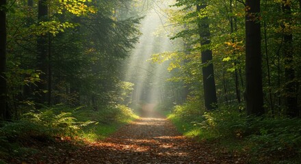 Naklejka premium Sun rays through trees on forest path, for backgrounds, nature scenes and travel ads.