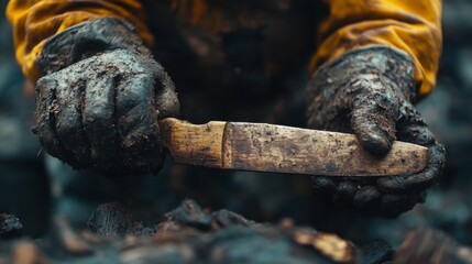 Fototapeta premium Close-up of Hands Holding Wooden Knife with Earthy Background