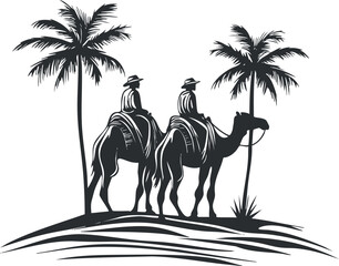 Black and white silhouette of two riders on camels with palm trees on a desert hill