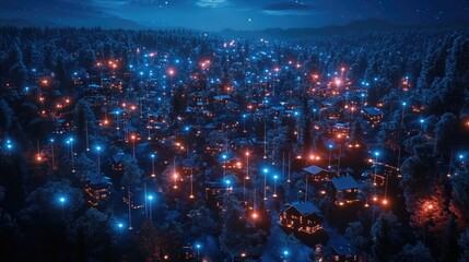 Nightfall view of a luminous woodland village.