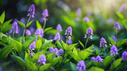 Fototapeta premium Colorful purple blooms emerge among lush green leaves against a blurred background of nature and sunlight.