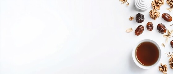 Obraz premium Overhead Still Life of Dates and Arabic Coffee on White Background for Ramadan Celebration or Middle Eastern Hospitality