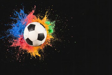 Naklejka premium Football Surrounded by Vibrant Color Burst on Dark Studio Backdrop